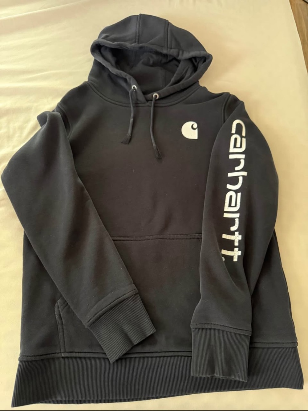 Carhartt Black Pullover Hoodie with White Logo Sleeve